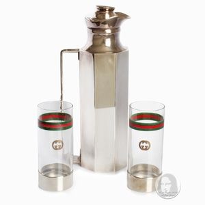 Gucci Barware Set GG Logo Highball Glasses and Horse Bit Decanter Vintage 1970s